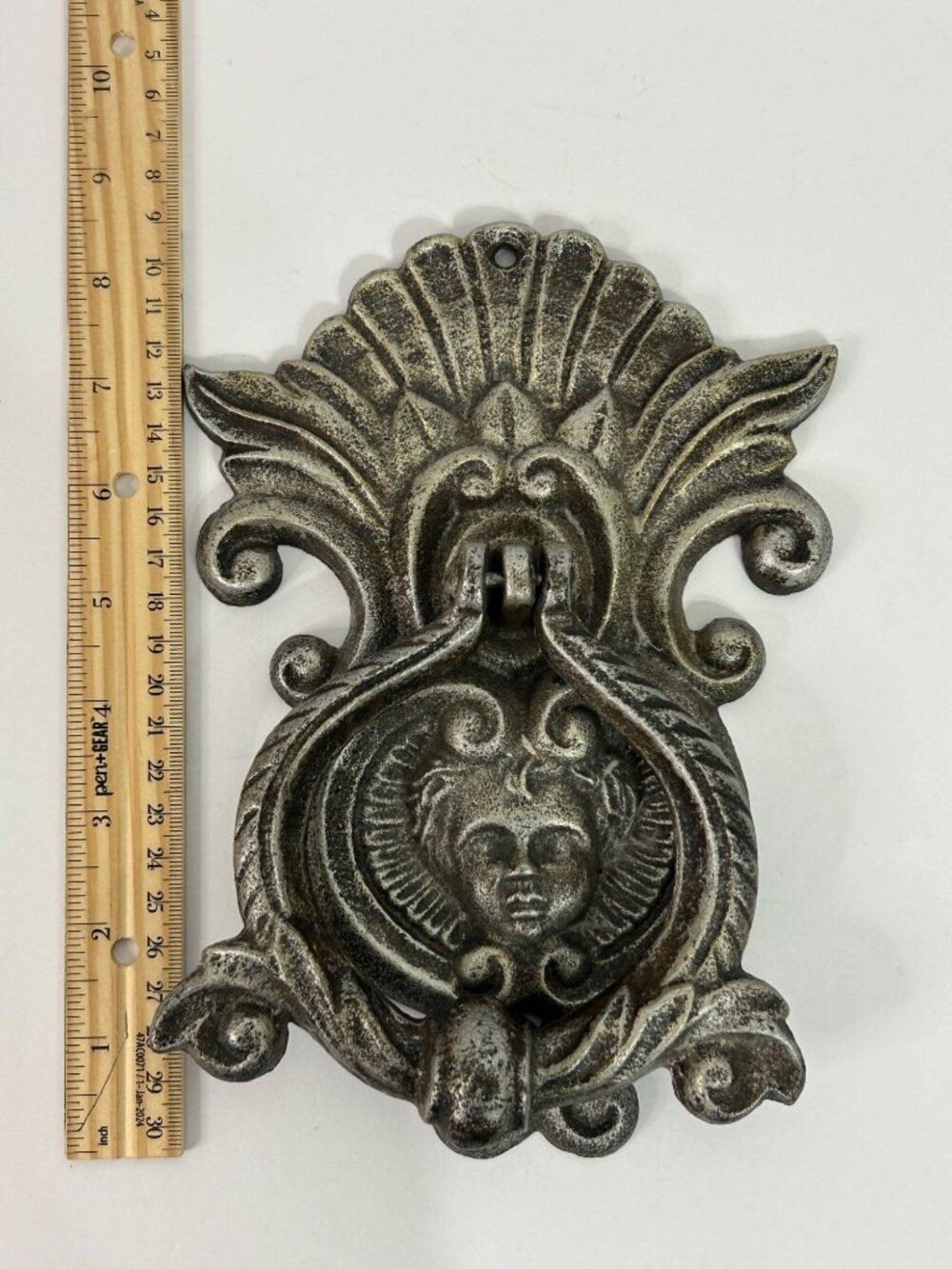 Fancy Antique-Style Cast Iron Door Knocker Cherub Design Ornate Scrollwork Heavy - Picture 3 of 5